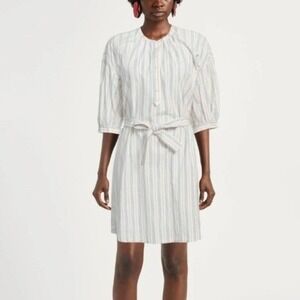 Sessun Chachami White Pin Stripe Cotton Mini Dress Women's Size M/L Lagenlook